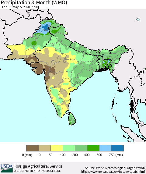 Southern Asia Precipitation 3-Month (WMO) Thematic Map For 2/6/2020 - 5/5/2020