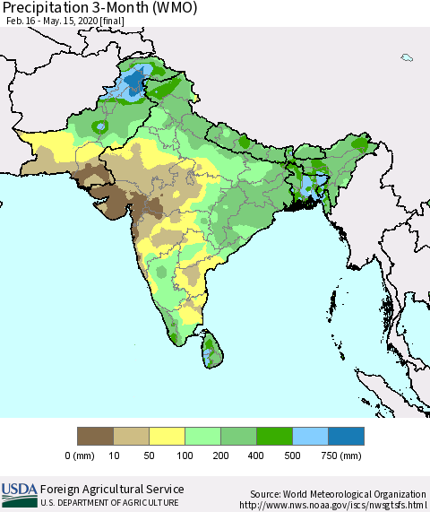 Southern Asia Precipitation 3-Month (WMO) Thematic Map For 2/16/2020 - 5/15/2020