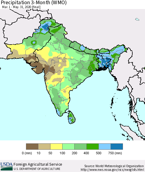Southern Asia Precipitation 3-Month (WMO) Thematic Map For 3/1/2020 - 5/31/2020