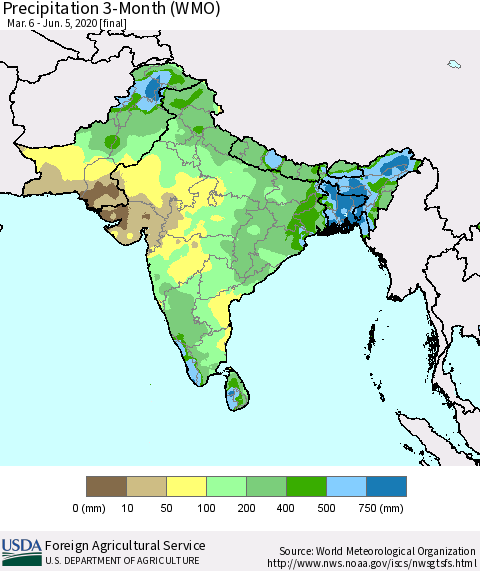 Southern Asia Precipitation 3-Month (WMO) Thematic Map For 3/6/2020 - 6/5/2020