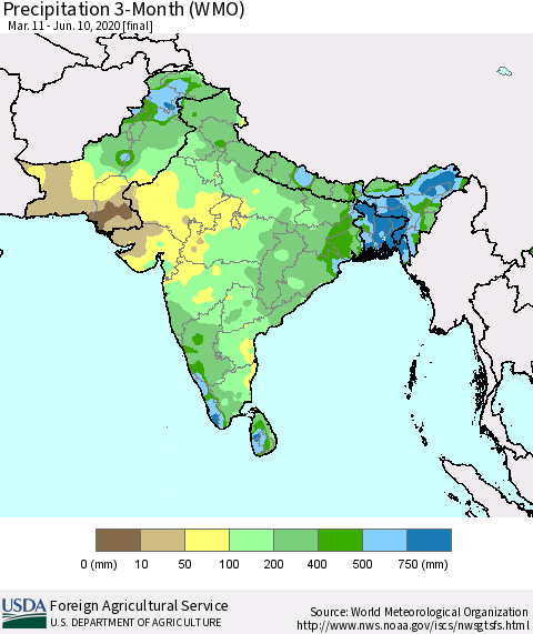 Southern Asia Precipitation 3-Month (WMO) Thematic Map For 3/11/2020 - 6/10/2020