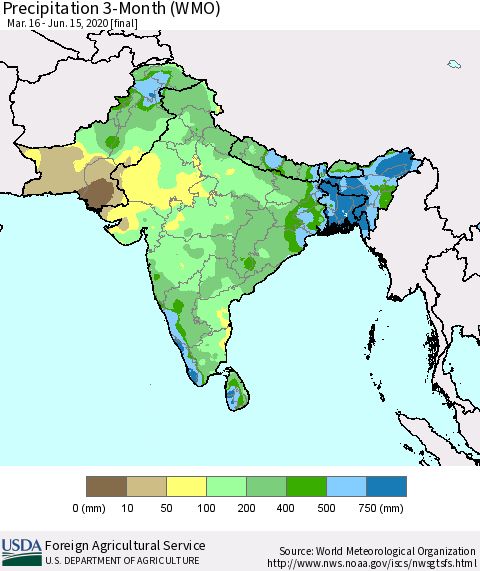 Southern Asia Precipitation 3-Month (WMO) Thematic Map For 3/16/2020 - 6/15/2020