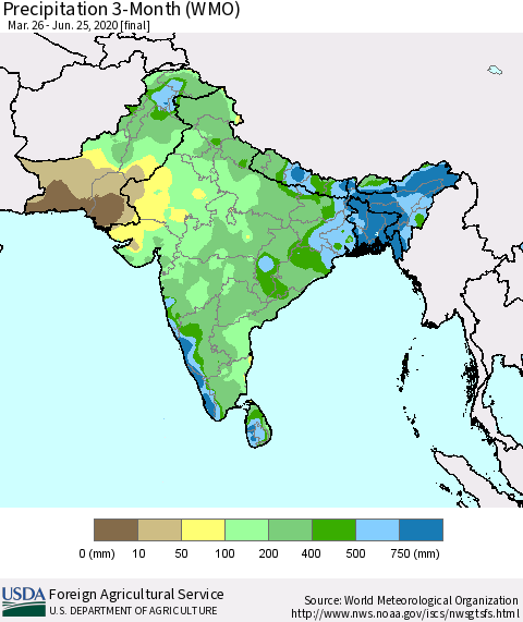 Southern Asia Precipitation 3-Month (WMO) Thematic Map For 3/26/2020 - 6/25/2020