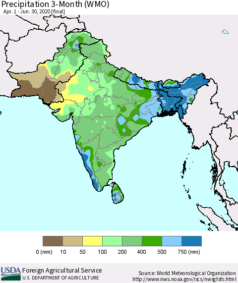 Southern Asia Precipitation 3-Month (WMO) Thematic Map For 4/1/2020 - 6/30/2020