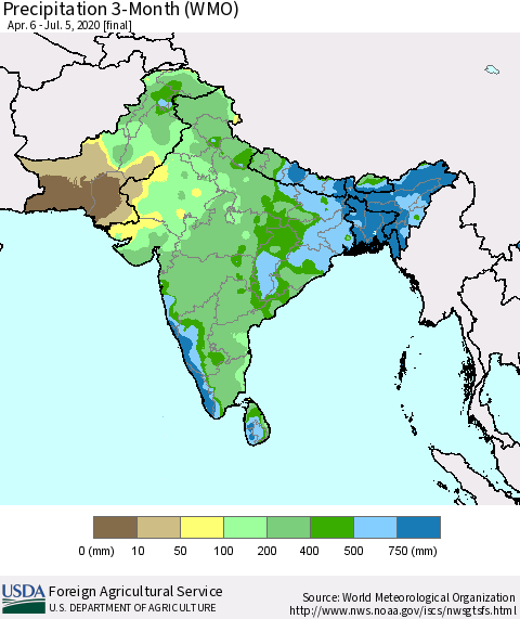 Southern Asia Precipitation 3-Month (WMO) Thematic Map For 4/6/2020 - 7/5/2020