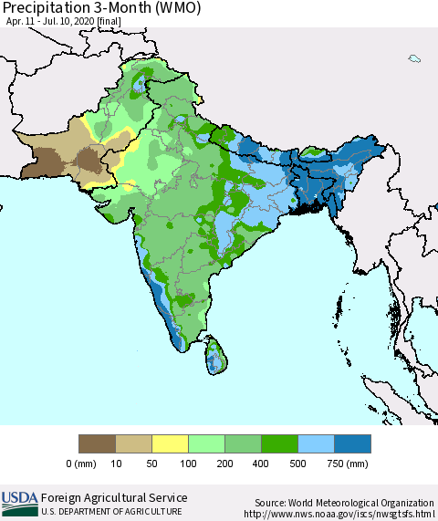 Southern Asia Precipitation 3-Month (WMO) Thematic Map For 4/11/2020 - 7/10/2020