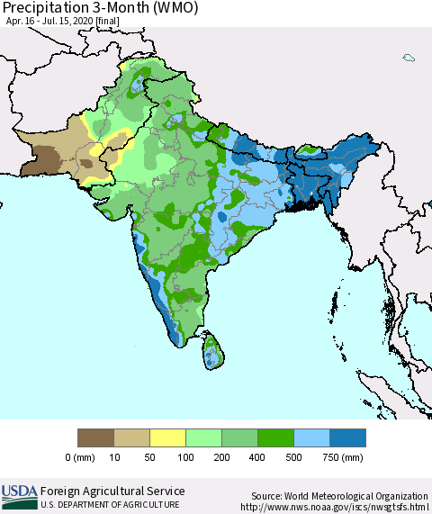 Southern Asia Precipitation 3-Month (WMO) Thematic Map For 4/16/2020 - 7/15/2020