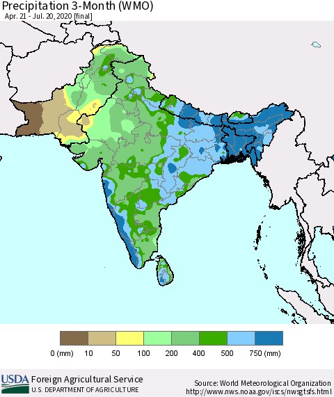 Southern Asia Precipitation 3-Month (WMO) Thematic Map For 4/21/2020 - 7/20/2020