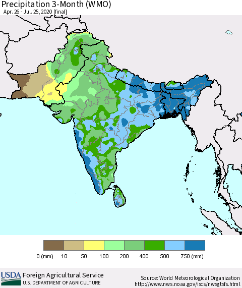 Southern Asia Precipitation 3-Month (WMO) Thematic Map For 4/26/2020 - 7/25/2020