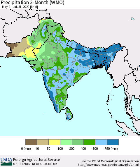 Southern Asia Precipitation 3-Month (WMO) Thematic Map For 5/1/2020 - 7/31/2020