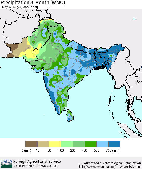 Southern Asia Precipitation 3-Month (WMO) Thematic Map For 5/6/2020 - 8/5/2020