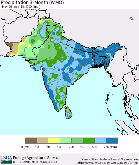 Southern Asia Precipitation 3-Month (WMO) Thematic Map For 5/16/2020 - 8/15/2020