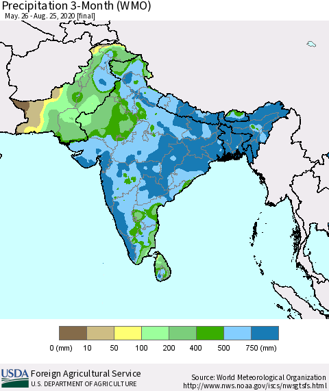 Southern Asia Precipitation 3-Month (WMO) Thematic Map For 5/26/2020 - 8/25/2020