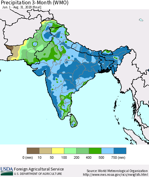 Southern Asia Precipitation 3-Month (WMO) Thematic Map For 6/1/2020 - 8/31/2020