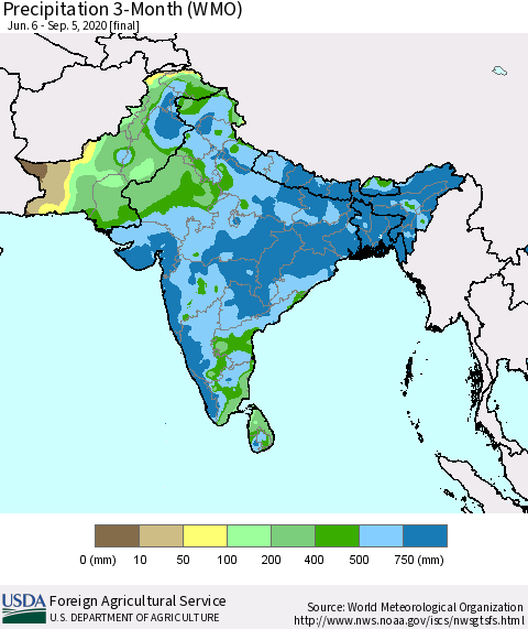 Southern Asia Precipitation 3-Month (WMO) Thematic Map For 6/6/2020 - 9/5/2020