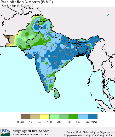 Southern Asia Precipitation 3-Month (WMO) Thematic Map For 6/11/2020 - 9/10/2020