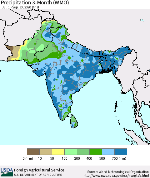 Southern Asia Precipitation 3-Month (WMO) Thematic Map For 7/1/2020 - 9/30/2020