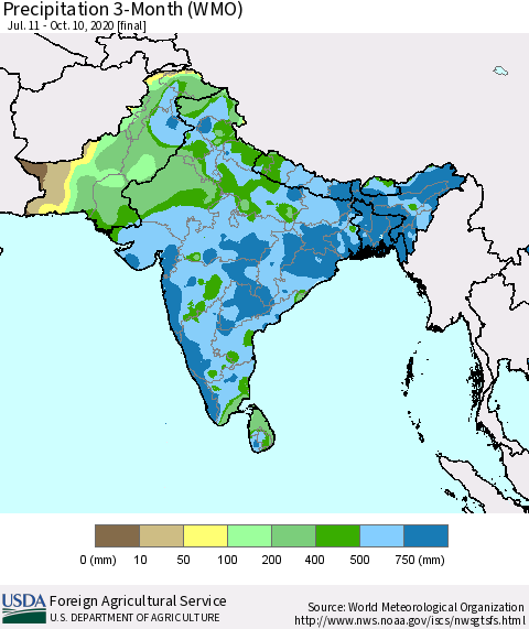 Southern Asia Precipitation 3-Month (WMO) Thematic Map For 7/11/2020 - 10/10/2020
