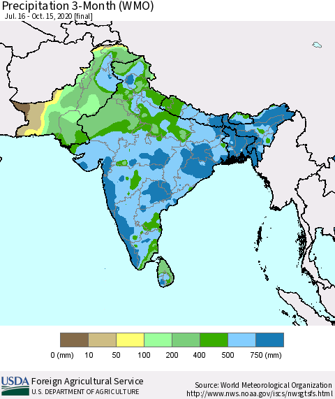 Southern Asia Precipitation 3-Month (WMO) Thematic Map For 7/16/2020 - 10/15/2020
