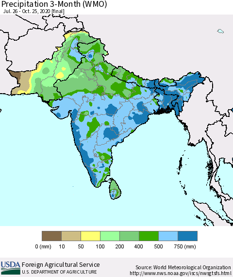 Southern Asia Precipitation 3-Month (WMO) Thematic Map For 7/26/2020 - 10/25/2020