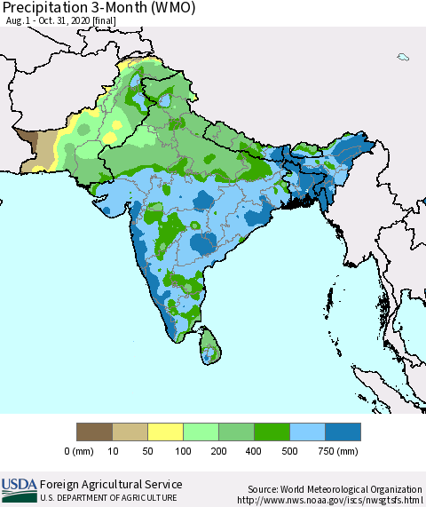 Southern Asia Precipitation 3-Month (WMO) Thematic Map For 8/1/2020 - 10/31/2020