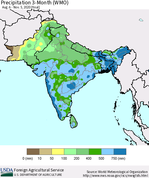 Southern Asia Precipitation 3-Month (WMO) Thematic Map For 8/6/2020 - 11/5/2020