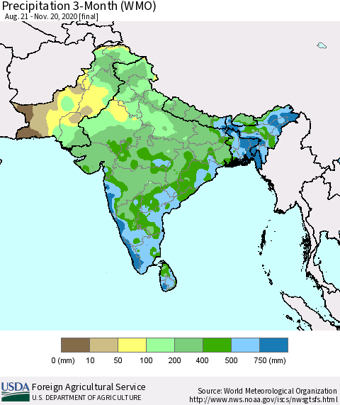 Southern Asia Precipitation 3-Month (WMO) Thematic Map For 8/21/2020 - 11/20/2020