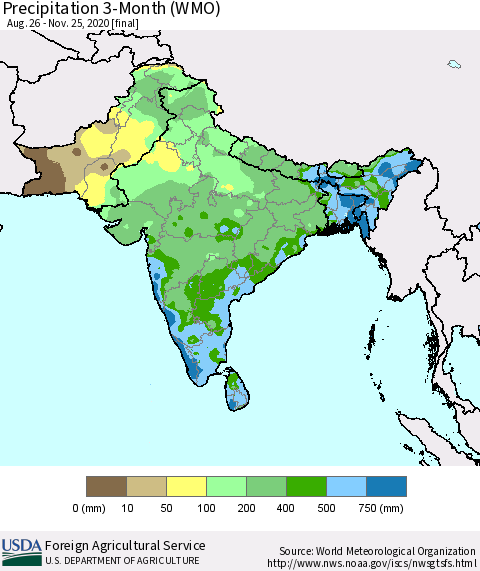 Southern Asia Precipitation 3-Month (WMO) Thematic Map For 8/26/2020 - 11/25/2020
