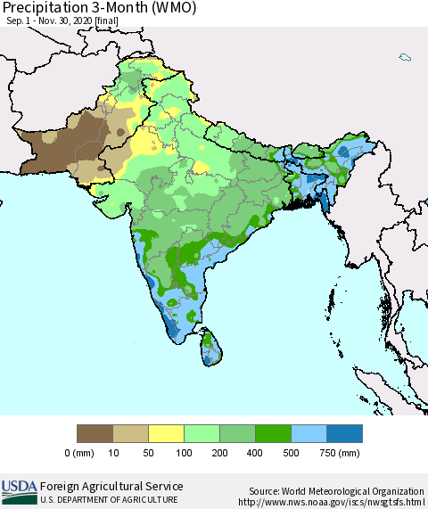Southern Asia Precipitation 3-Month (WMO) Thematic Map For 9/1/2020 - 11/30/2020