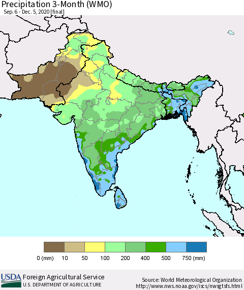 Southern Asia Precipitation 3-Month (WMO) Thematic Map For 9/6/2020 - 12/5/2020