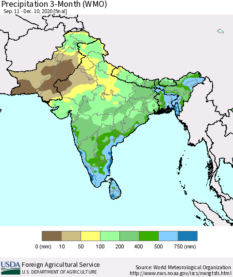 Southern Asia Precipitation 3-Month (WMO) Thematic Map For 9/11/2020 - 12/10/2020