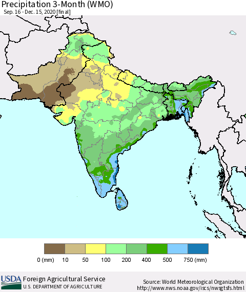 Southern Asia Precipitation 3-Month (WMO) Thematic Map For 9/16/2020 - 12/15/2020