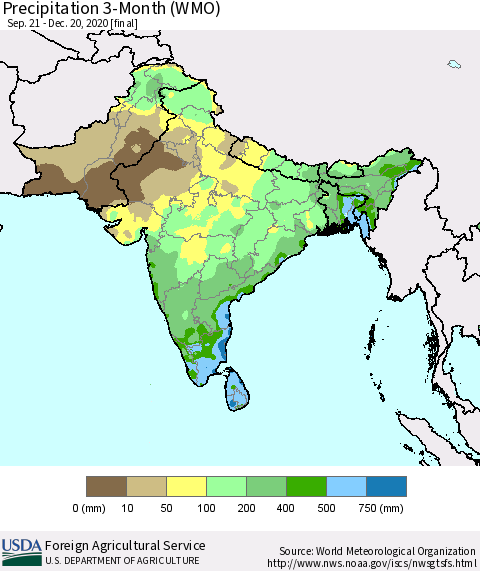 Southern Asia Precipitation 3-Month (WMO) Thematic Map For 9/21/2020 - 12/20/2020