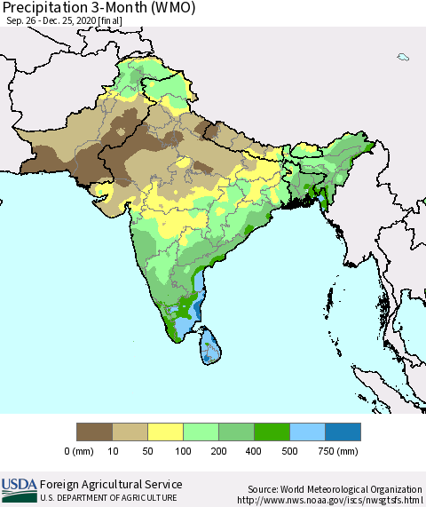 Southern Asia Precipitation 3-Month (WMO) Thematic Map For 9/26/2020 - 12/25/2020
