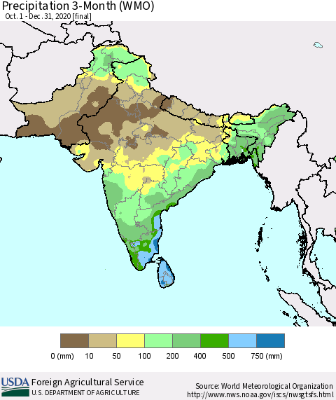 Southern Asia Precipitation 3-Month (WMO) Thematic Map For 10/1/2020 - 12/31/2020