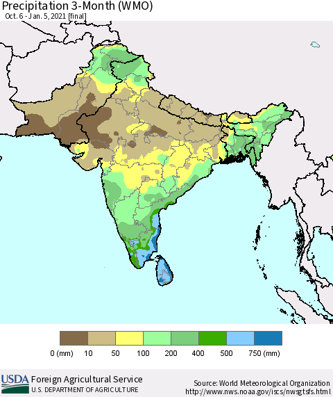 Southern Asia Precipitation 3-Month (WMO) Thematic Map For 10/6/2020 - 1/5/2021