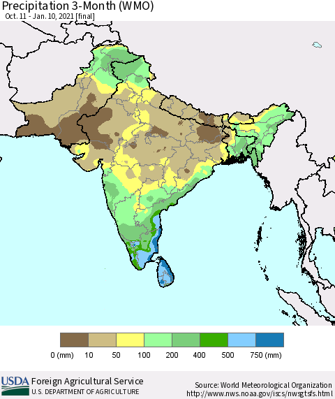 Southern Asia Precipitation 3-Month (WMO) Thematic Map For 10/11/2020 - 1/10/2021