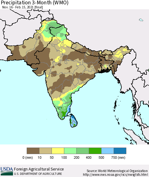 Southern Asia Precipitation 3-Month (WMO) Thematic Map For 11/16/2020 - 2/15/2021