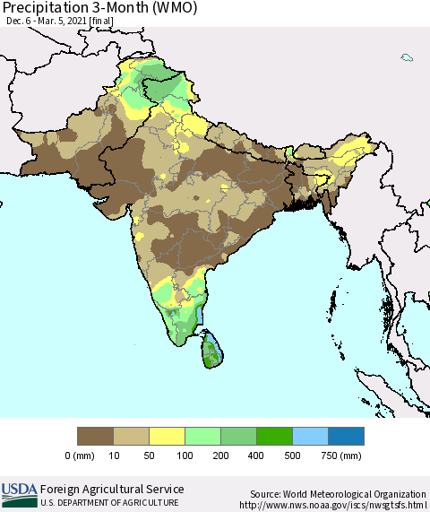 Southern Asia Precipitation 3-Month (WMO) Thematic Map For 12/6/2020 - 3/5/2021