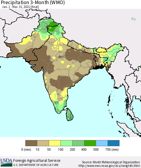 Southern Asia Precipitation 3-Month (WMO) Thematic Map For 1/1/2021 - 3/31/2021