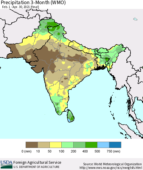 Southern Asia Precipitation 3-Month (WMO) Thematic Map For 2/1/2021 - 4/30/2021