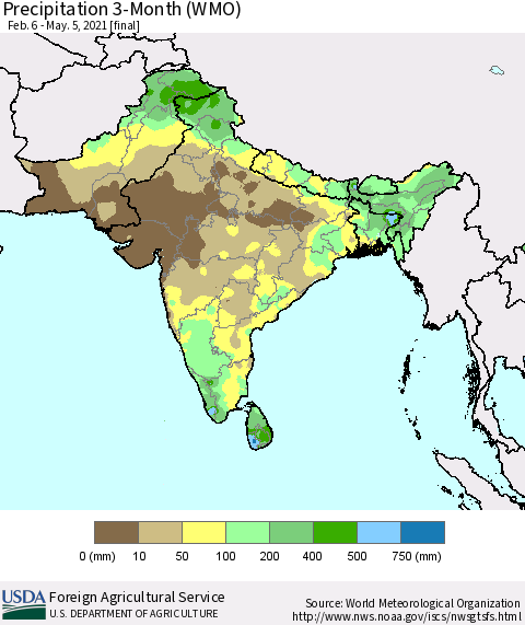 Southern Asia Precipitation 3-Month (WMO) Thematic Map For 2/6/2021 - 5/5/2021