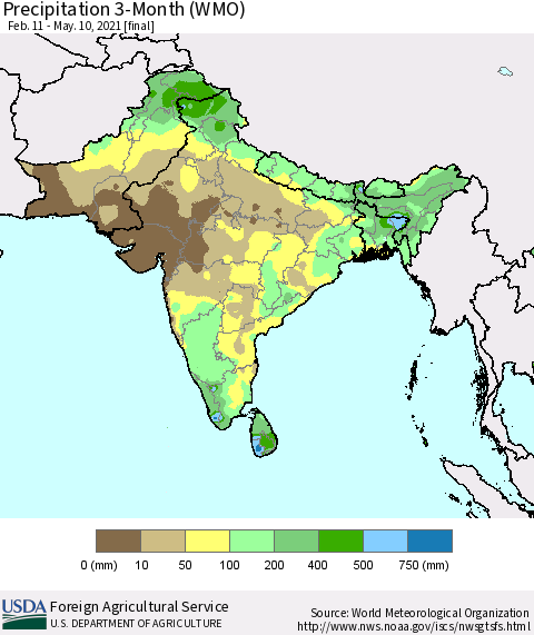 Southern Asia Precipitation 3-Month (WMO) Thematic Map For 2/11/2021 - 5/10/2021