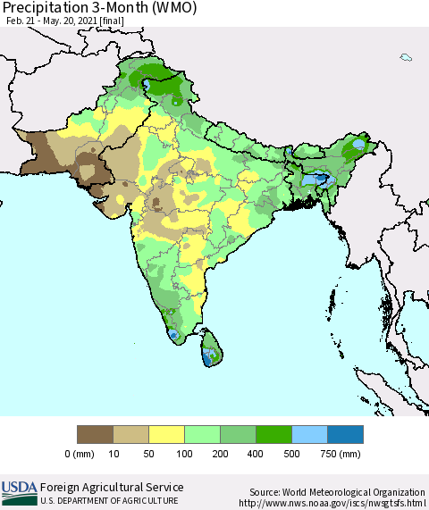 Southern Asia Precipitation 3-Month (WMO) Thematic Map For 2/21/2021 - 5/20/2021