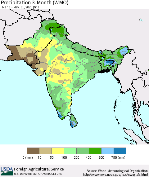 Southern Asia Precipitation 3-Month (WMO) Thematic Map For 3/1/2021 - 5/31/2021