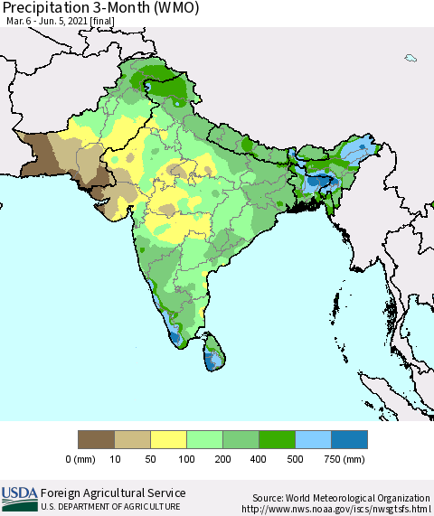 Southern Asia Precipitation 3-Month (WMO) Thematic Map For 3/6/2021 - 6/5/2021