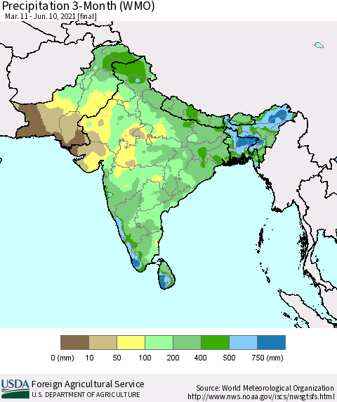 Southern Asia Precipitation 3-Month (WMO) Thematic Map For 3/11/2021 - 6/10/2021