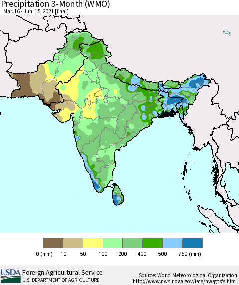 Southern Asia Precipitation 3-Month (WMO) Thematic Map For 3/16/2021 - 6/15/2021