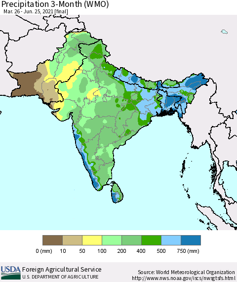 Southern Asia Precipitation 3-Month (WMO) Thematic Map For 3/26/2021 - 6/25/2021