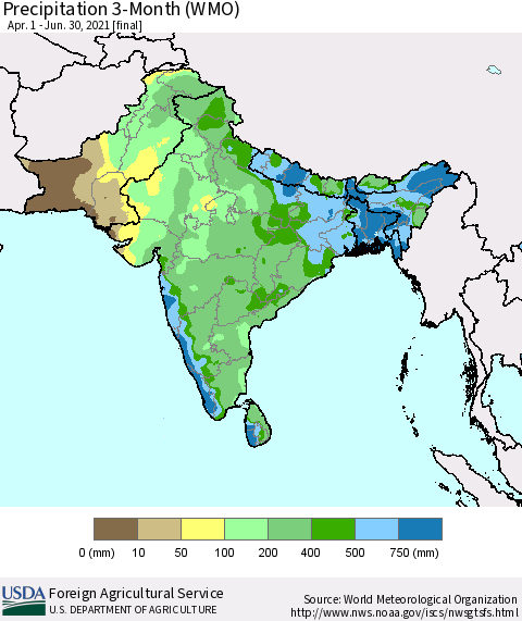Southern Asia Precipitation 3-Month (WMO) Thematic Map For 4/1/2021 - 6/30/2021